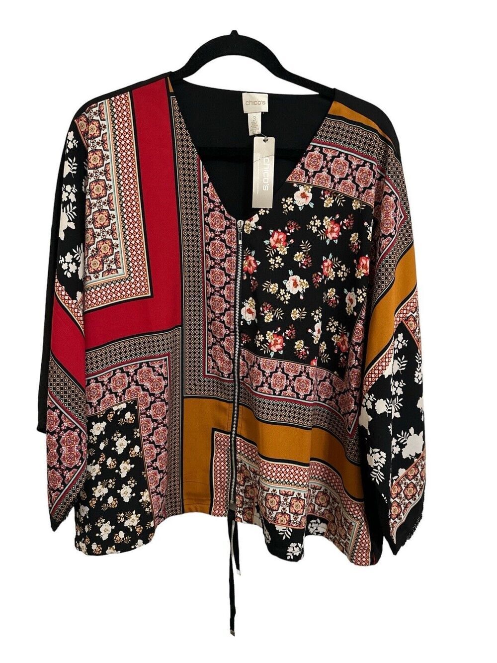 NEW Chicos Blouse Size XL Womens Bohemian Patchwork Zipper Front Top 3/4 Sleeve